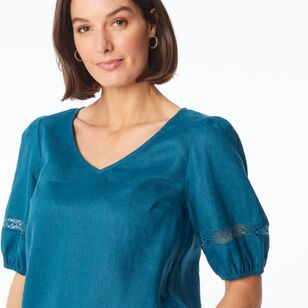 Khoko Edition Women's Linen Lace Top Teal