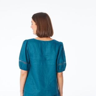 Khoko Edition Women's Linen Lace Top Teal