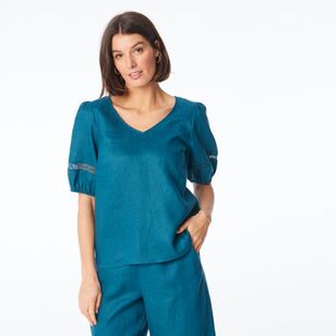 Khoko Edition Women's Linen Lace Top Teal