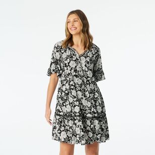 Khoko Collection Women's Viscose Flounce Dress Black & Print