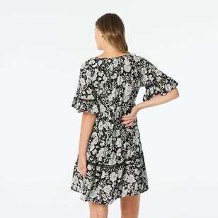 Khoko Collection Women's Viscose Flounce Dress Black & Print