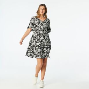 Khoko Collection Women's Viscose Flounce Dress Black & Print