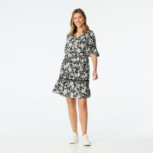 Khoko Collection Women's Viscose Flounce Dress Black & Print