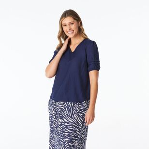 Khoko Smart Women's Tuck Sleeve V Neck Top Navy