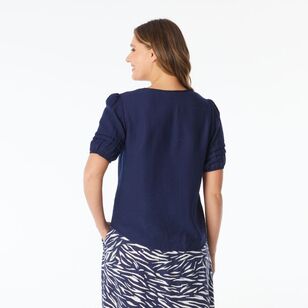 Khoko Smart Women's Tuck Sleeve V Neck Top Navy