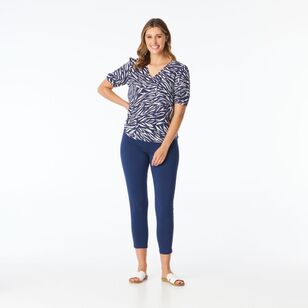 Khoko Smart Women's Tuck Sleeve V Neck Zebra Print Top Navy