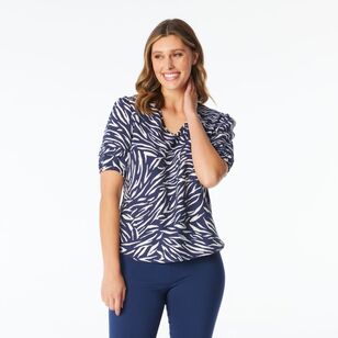 Khoko Smart Women's Tuck Sleeve V Neck Zebra Print Top Navy