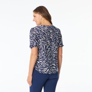 Khoko Smart Women's Tuck Sleeve V Neck Zebra Print Top Navy