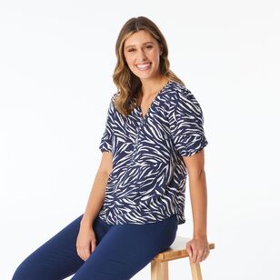 Khoko Smart Women's Tuck Sleeve V Neck Zebra Print Top Navy