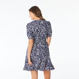 Khoko Smart Women's Tuck Sleeve V Neck Zebra Print Dress Navy