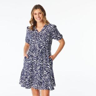 Khoko Smart Women's Tuck Sleeve V Neck Zebra Print Dress Navy